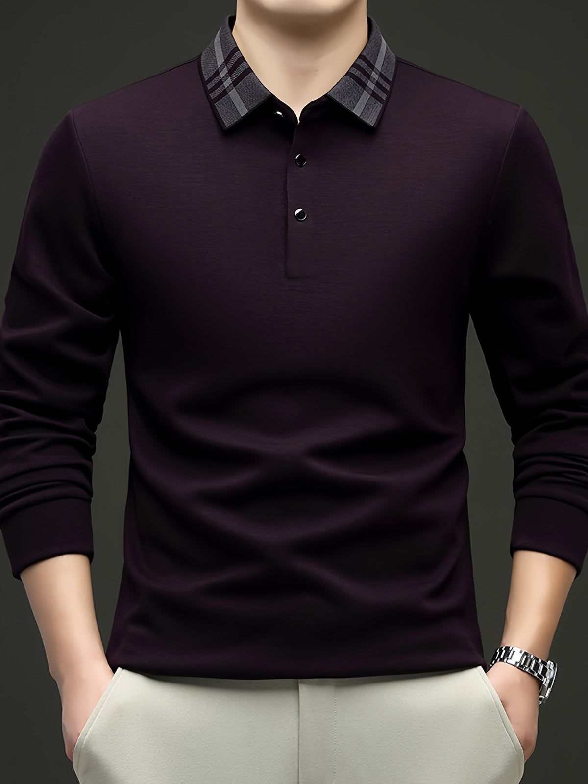 Men's Plain Color Plaid Lapel Long Sleeve Polo Shirt, No Print or Embroidery, Simple and Clean Cut, Suitable for Light Business and Daily Outings - SINBOS - Purple
