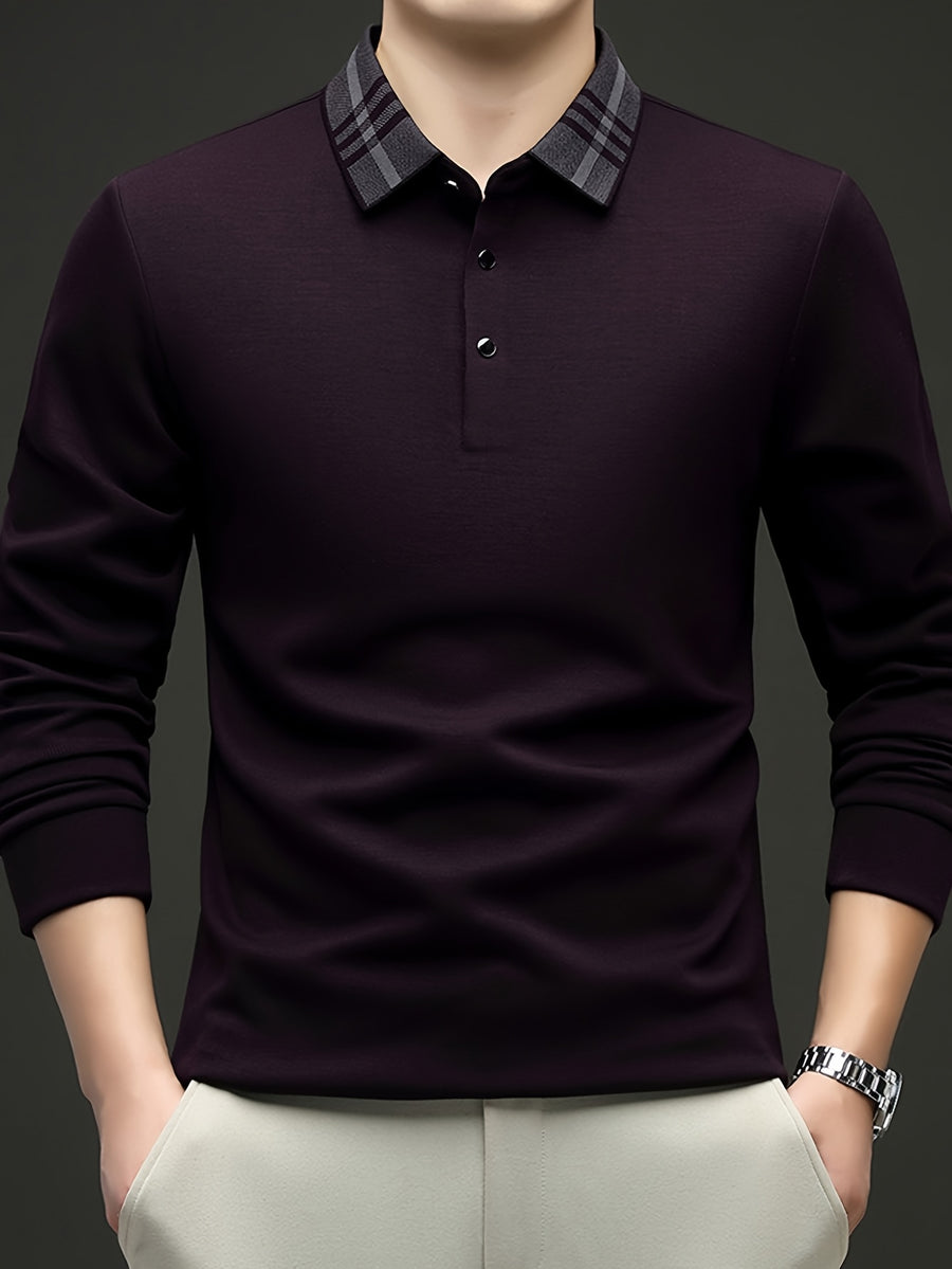 Men's Plain Color Plaid Lapel Long Sleeve Polo Shirt, No Print or Embroidery, Simple and Clean Cut, Suitable for Light Business and Daily Outings - SINBOS - Purple