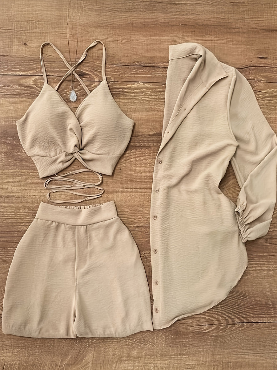 Women's Three-Piece Set: Camisole Top, Shorts & Shirt - Perfect for Daily Commute Vacation - Apricot