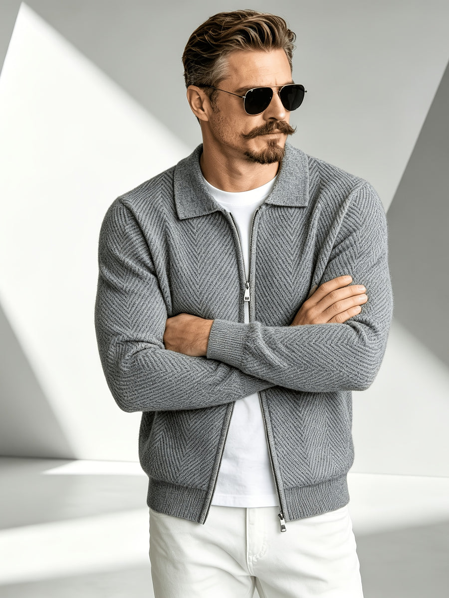 Business Mature Casual Men'S Lapel Full-Zip Knit Cardigan, Ribbed Cuffs And Hem Fitted Long Sleeve Knit Jacket, Suitable for Daily, Office, And Weekend Wear in Autumn And Winter - Grey