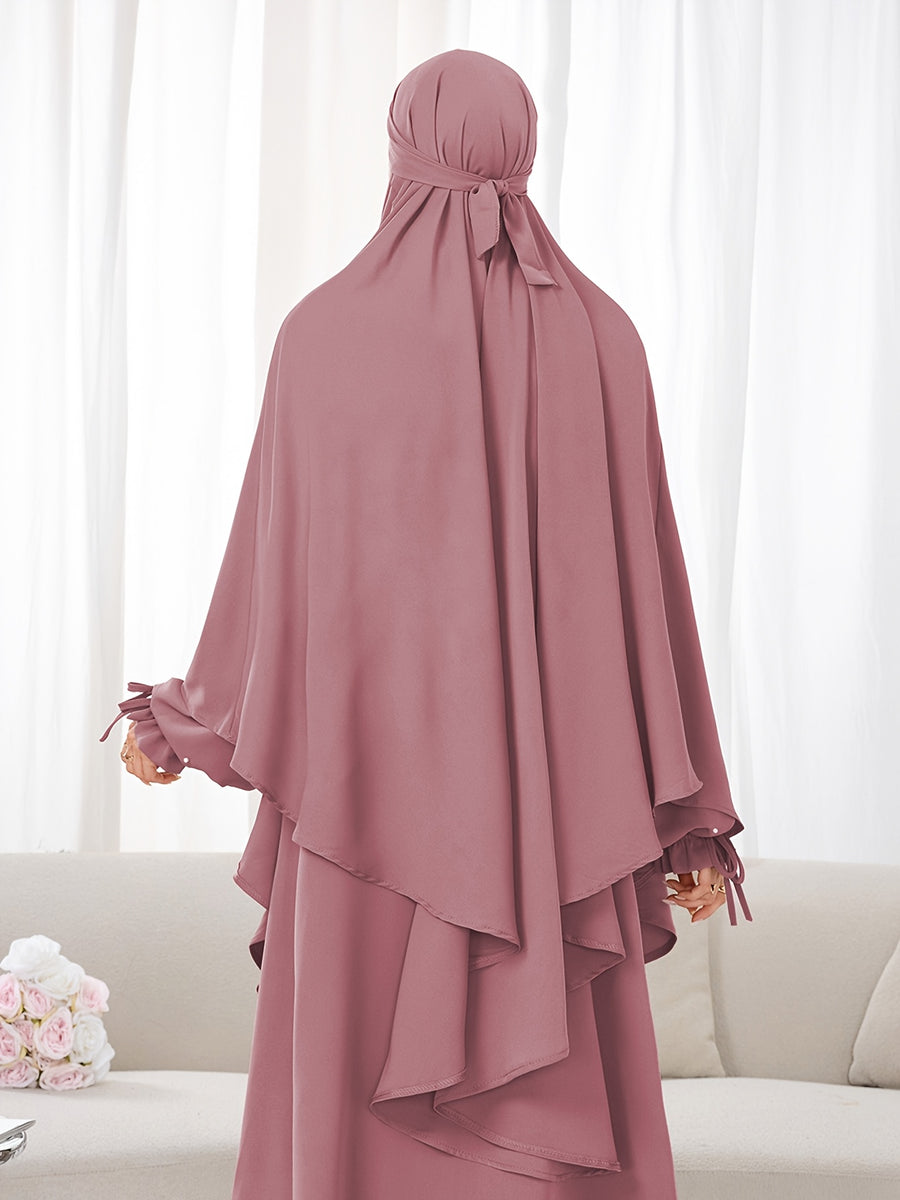 Women's 2pcs Modest Islamic Abaya & Khimar Suit - Elegant Full Coverage Prayer Dress with Headscarf, Pure Color Muslim Dress Suitable for Daily Wear, Hajj, Ramadan, Travel - Abaya Robe for Muslim Women - Pale Pinkish Gray