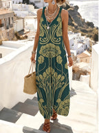 Women's Vintage Print Jumpsuit, Cross-Strap V-Neck Waist-Cinching Loose Fit, Flowy and, Bohemian Style, Beach Vacation, Artistic Outfit, Versatile and Elegant, Long Jumpsuit - Green