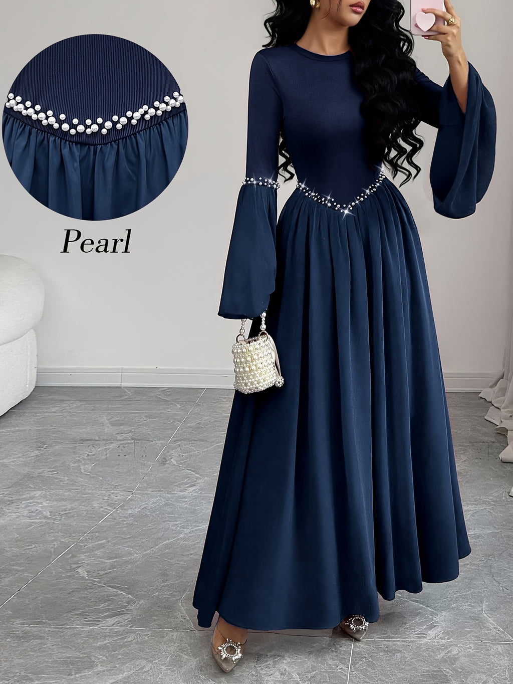 Women'S Elegant Long Sleeve Flared Waist-Cinching A-Line Dress with Pearl Round Neck - Navy Color