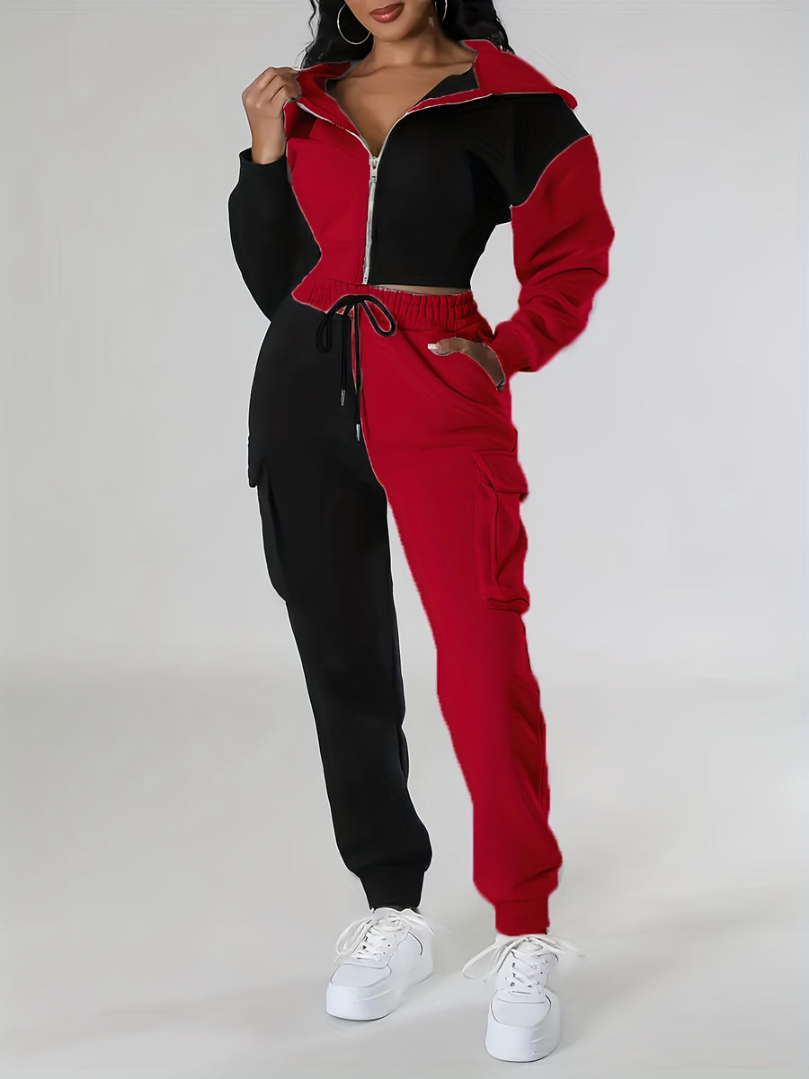 Fashion Women'S Clothing, Color-Block Hooded Casual Set - Black And Red
