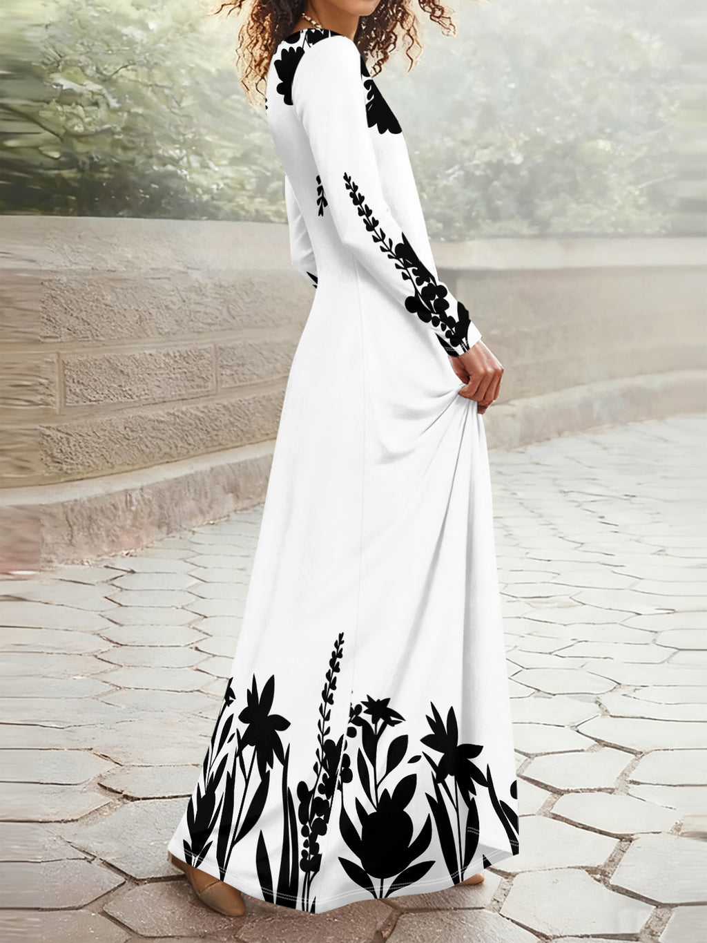 Casual Style Black Floral Pattern Printed Design Women'S Dress - White