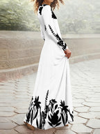 Casual Style Black Floral Pattern Printed Design Women'S Dress - White