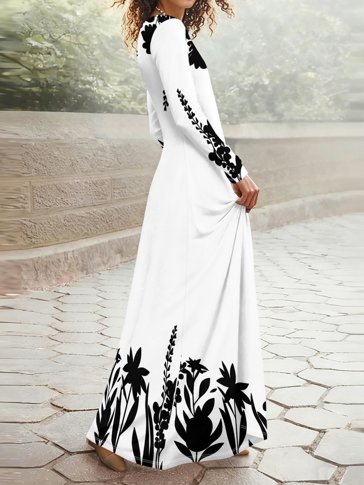 Casual Style Black Floral Pattern Printed Design Women'S Dress - White
