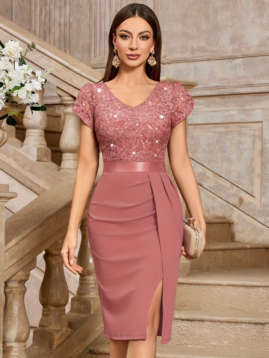 Women's Elegant Sequin Lace Petal Sleeve Double V Neck Ruched Trim Slit Hem Slim Party Dress - Cinnamon