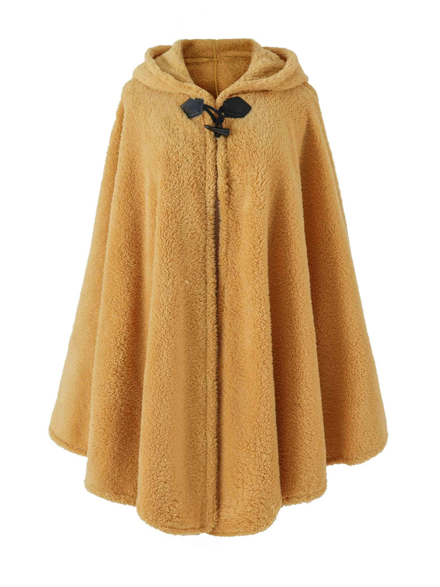 Plus Size - 1pc Faux Horn Button Size Free Solid Color Fashion Hooded Cape - ginger-colored