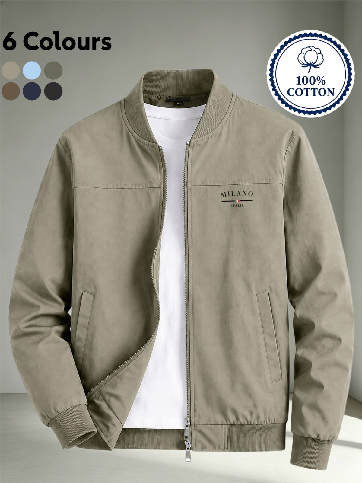 Men's Autumn/Winter 100% Zip-Up Pilot Jacket Coat, MILANO Print Zipper Stand Collar Casual Baseball Jacket, 6 Colors Available, Casual, Simple, Breathable, Lightweight Outerwear Winter Clothes for Men - Khaki