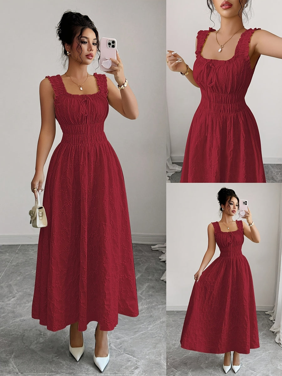 New Women's Textured Floral Fabric, Spaghetti Strap with Bow Waist Design - Elegant and Versatile Women's Dress - Elegant Party Wear, Date Night, 1pc, Buen Fin Shopping Festival, New Year's Daily Wear, Parties, Wedding Night, Stylish and Versatile - Red