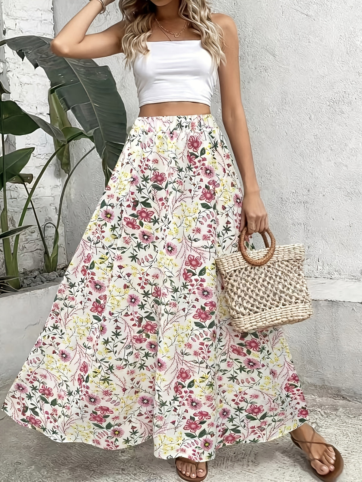 Women's Elegant Spring/Summer Bohemian Vacation Style Beach Skirt with Floral Print, High Waist, Long Skirt - Mixed colors
