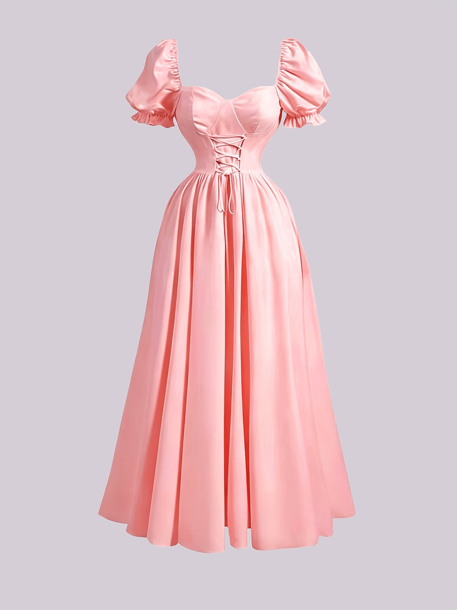 Ladies' New Spring And Summer Elegant Floral Print Long Dress, Bubble Sleeve Design, Front Waist Tie, Back Waist Shirred Waist, Elegant And Flowing, Romantic Long Dress, Suitable for Daily Wear, Party Gatherings, Vacation Holidays - Pure Color Powder