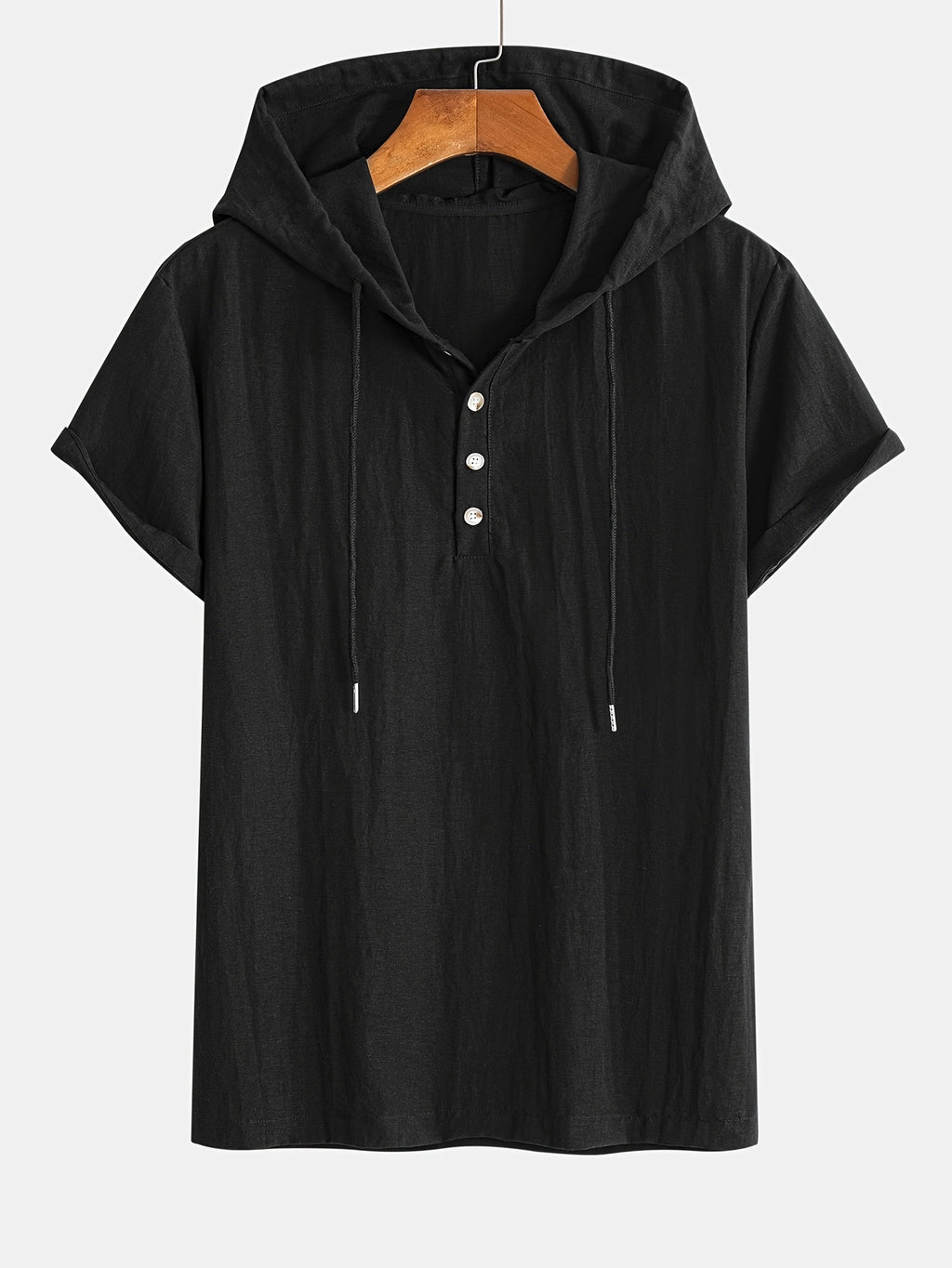 Men'S Linen-Look Hooded Henley Shirt, Short Sleeve Button- Casual Summer Beach Tops with Hood for Men - Black