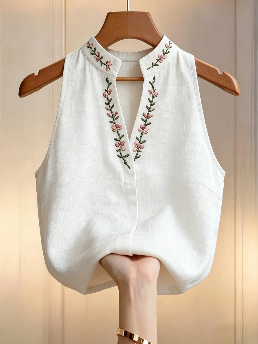 Women's Floral Embroidered Stand Collar Sleeveless Blouse, Embroidered Top, Elegant Summer Outfit, Office and Commuting Attire, Pretty Blouse, Casual Elegance, Shirt - White