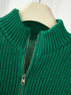 Women's Half-Zip Stand Collar Sweater, Loose Fit Ribbed Cable Relaxed Top, Gavin - Dark Green