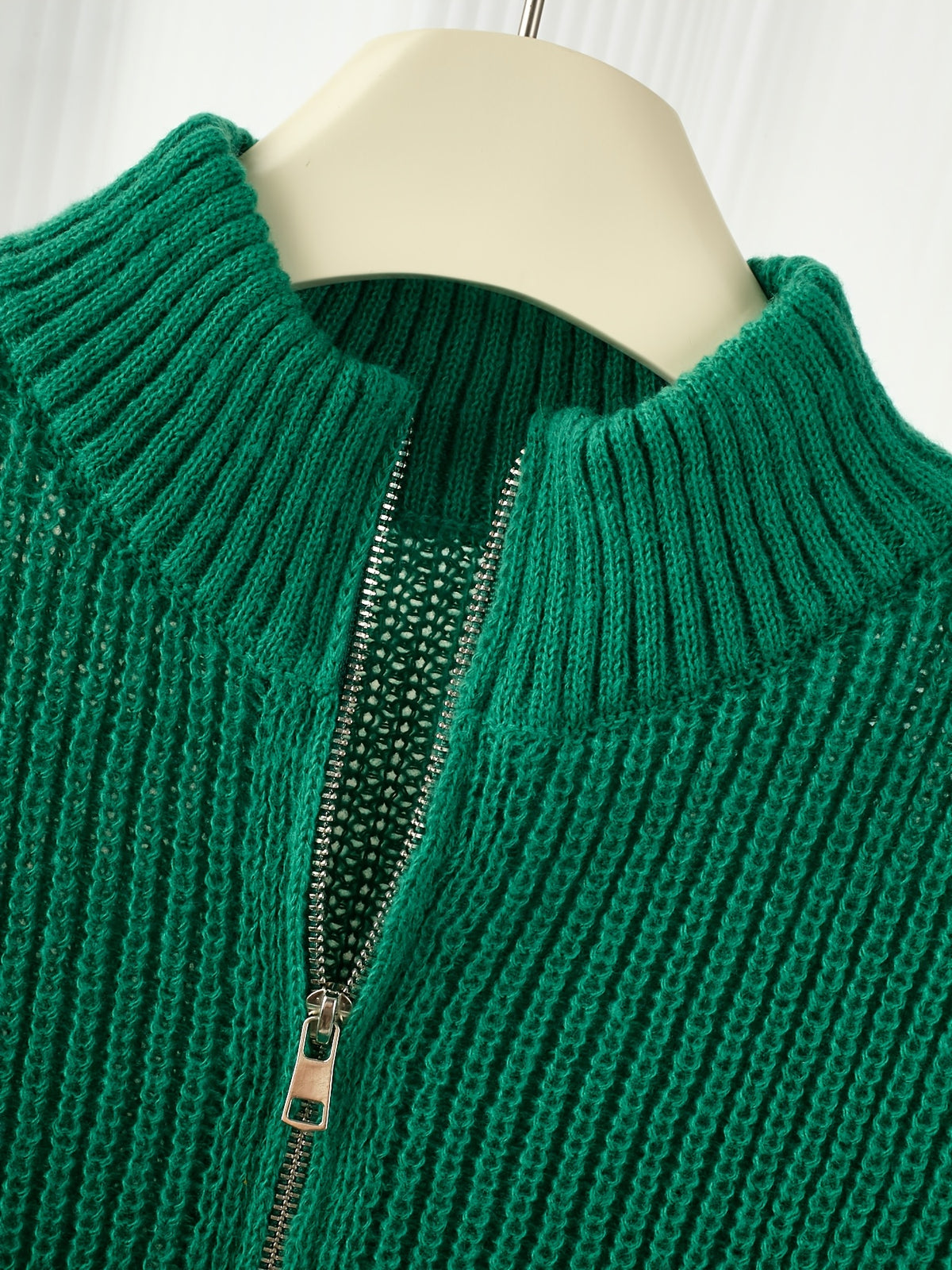 Women's Half-Zip Stand Collar Sweater, Loose Fit Ribbed Cable Relaxed Top, Gavin - Dark Green