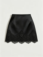Women'S French Retro Satin Floral Patchwork Short Skirt - Black