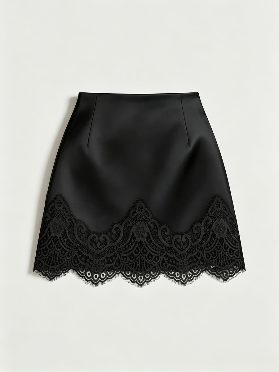 Women'S French Retro Satin Floral Patchwork Short Skirt - Black