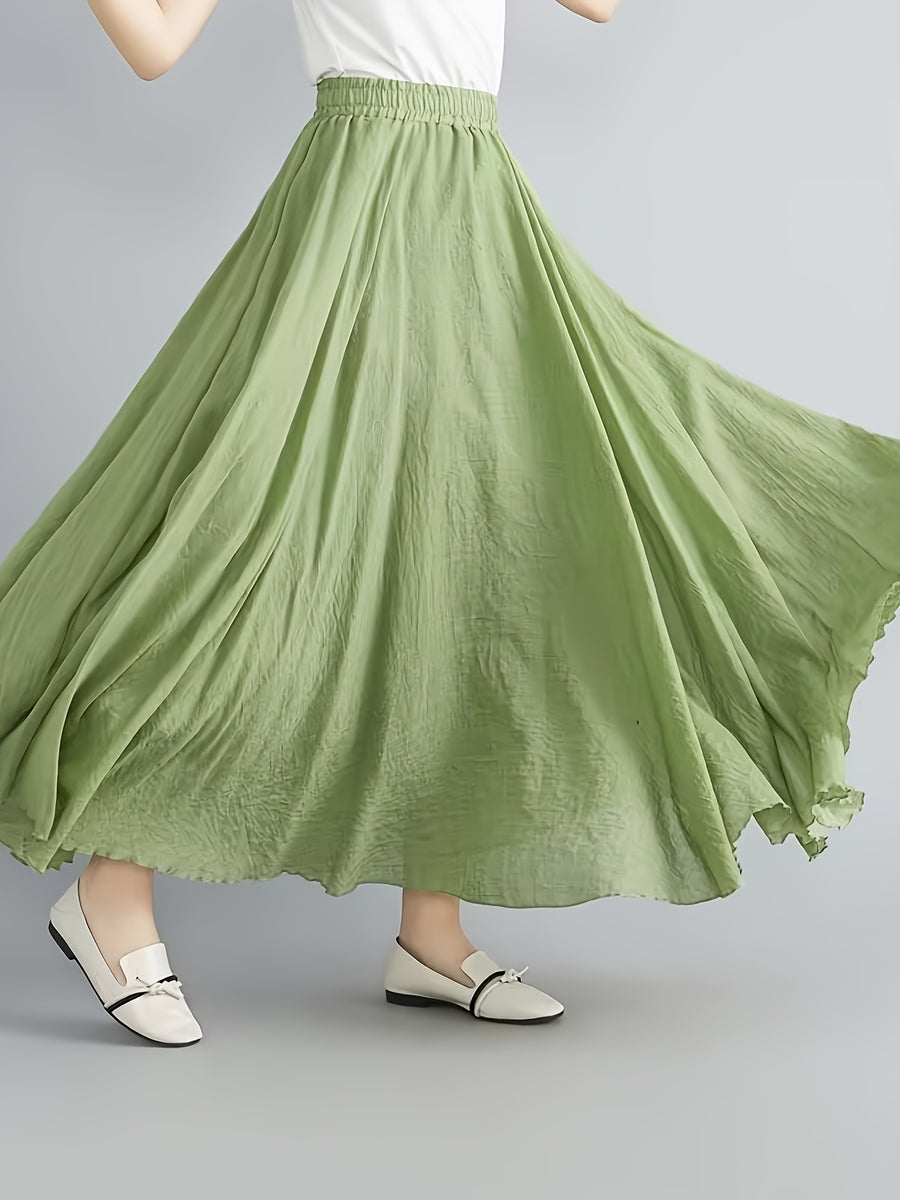 Solid Color Ethnic Style Literary Double-Layer Non-See-Through Midi Skirt for Women, Spring Summer Autumn Zen Style Long Dress with Wide Hem, High Waist Flowy - Fruit Green