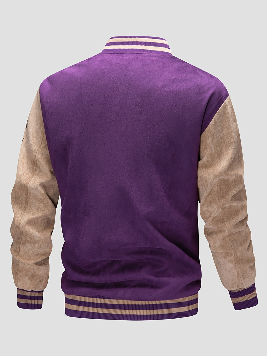 Men'S Casual Fashion Loose Comfortable Breathable Velvet Couple Jacket, All-Match Individual Letter Embroidery Outdoor Sports Baseball Coat, Suitable for Daily Commute Wear, Ideal Gift - Purple