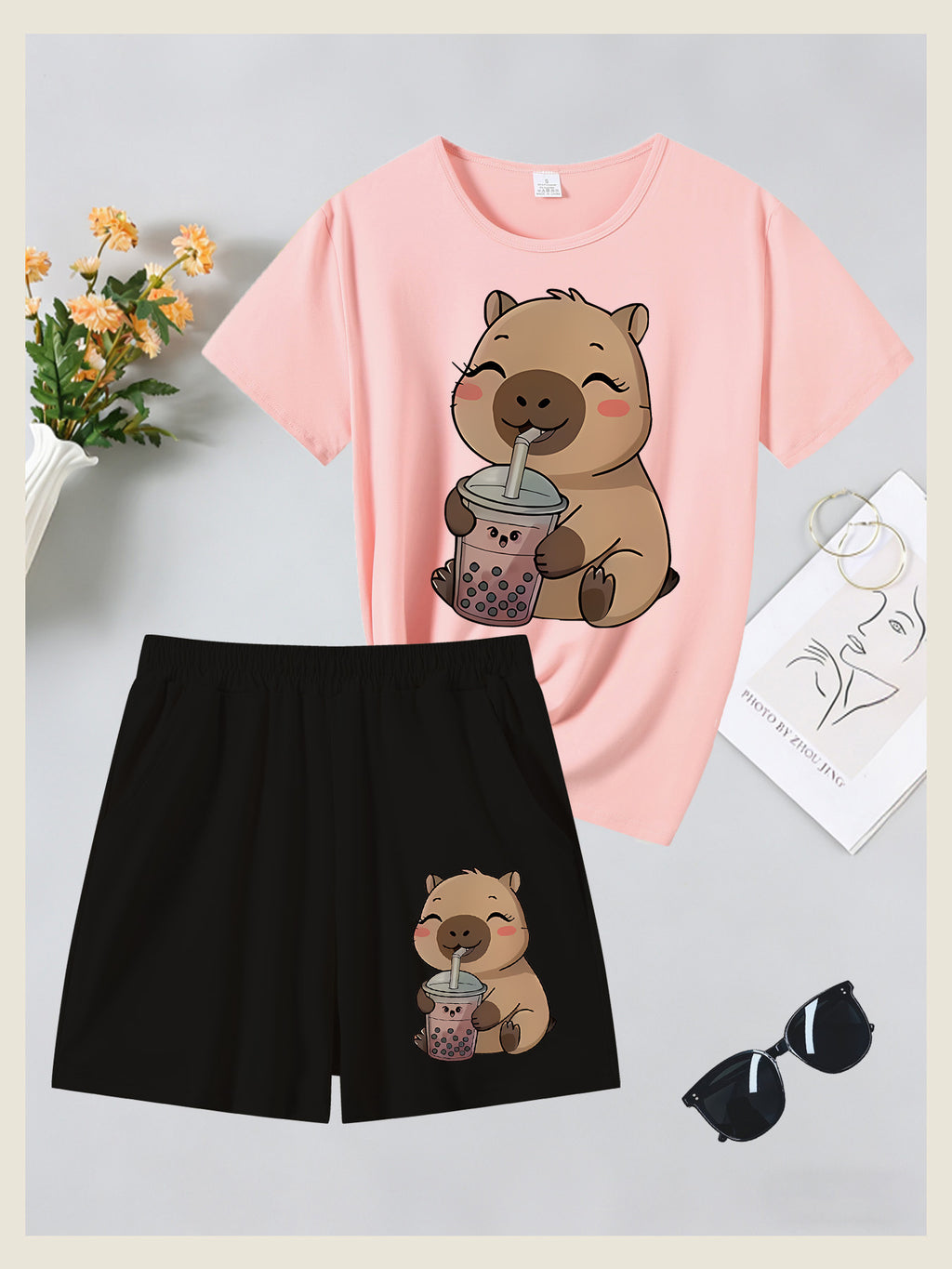 2pcs Women's Spring Summer Short Sleeve & Shorts Matching Outfit - Capybara Print Pajamas Gym Wear Sleepwear, Soft Breathable Pajamas, Valentine's Day Gift, Machine Washable 2pcs Set - Blush+Black