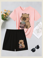 2pcs Women's Spring Summer Short Sleeve & Shorts Matching Outfit - Capybara Print Pajamas Gym Wear Sleepwear, Soft Breathable Pajamas, Valentine's Day Gift, Machine Washable 2pcs Set - Blush+Black