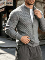 FORLENGKE Autumn/Winter Men's Zipper Cable Knit Cardigan, Three-Dimensional Twisted Floral Texture Knit Outerwear, Solid Color Simple Cuff Long Sleeve Top, Streetwear Commute Daily Casual Wear, Versatile Spring/Autumn Men's Outer Knit Cardigan - Grey