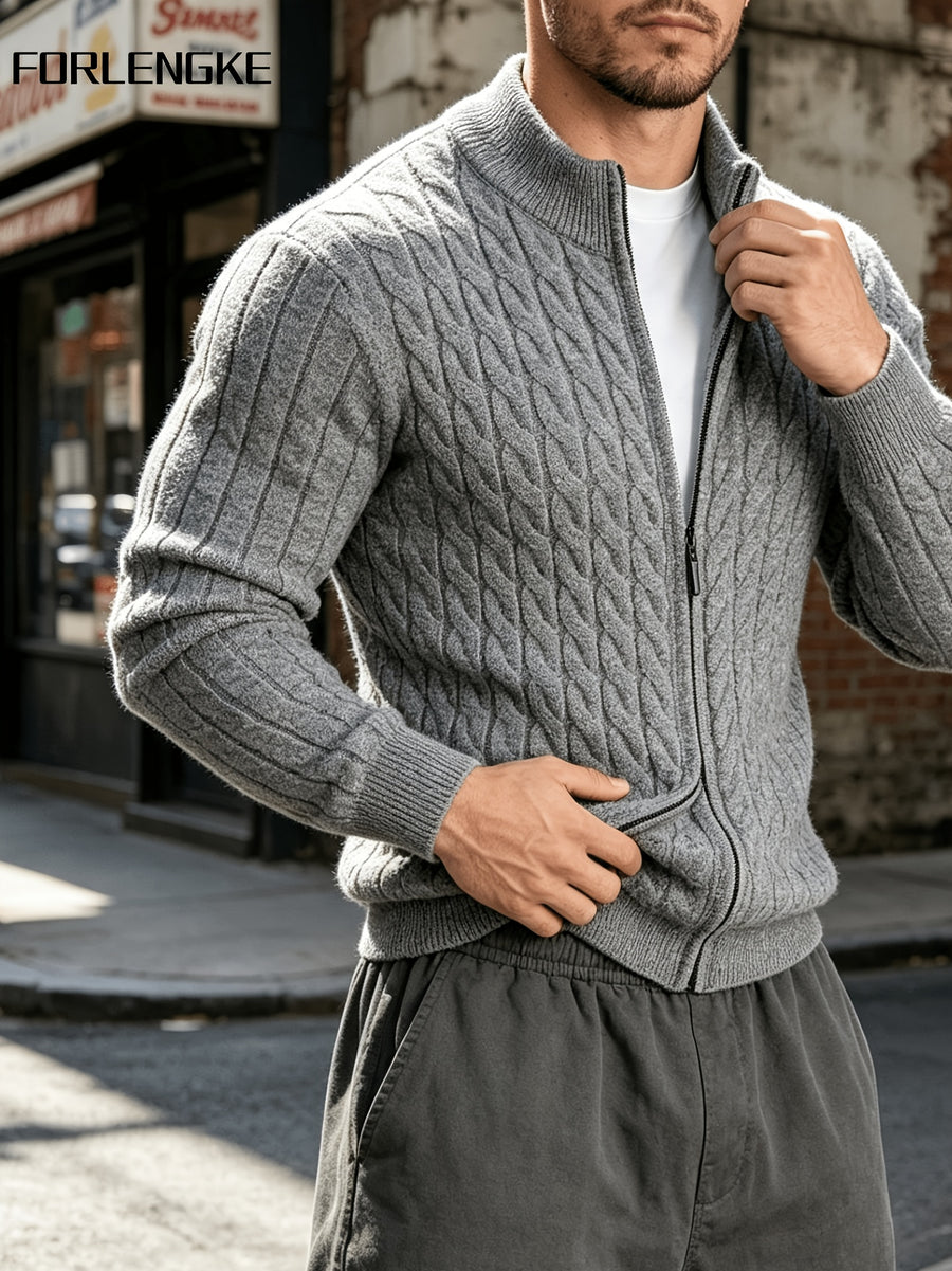 FORLENGKE Autumn/Winter Men's Zipper Cable Knit Cardigan, Three-Dimensional Twisted Floral Texture Knit Outerwear, Solid Color Simple Cuff Long Sleeve Top, Streetwear Commute Daily Casual Wear, Versatile Spring/Autumn Men's Outer Knit Cardigan - Grey