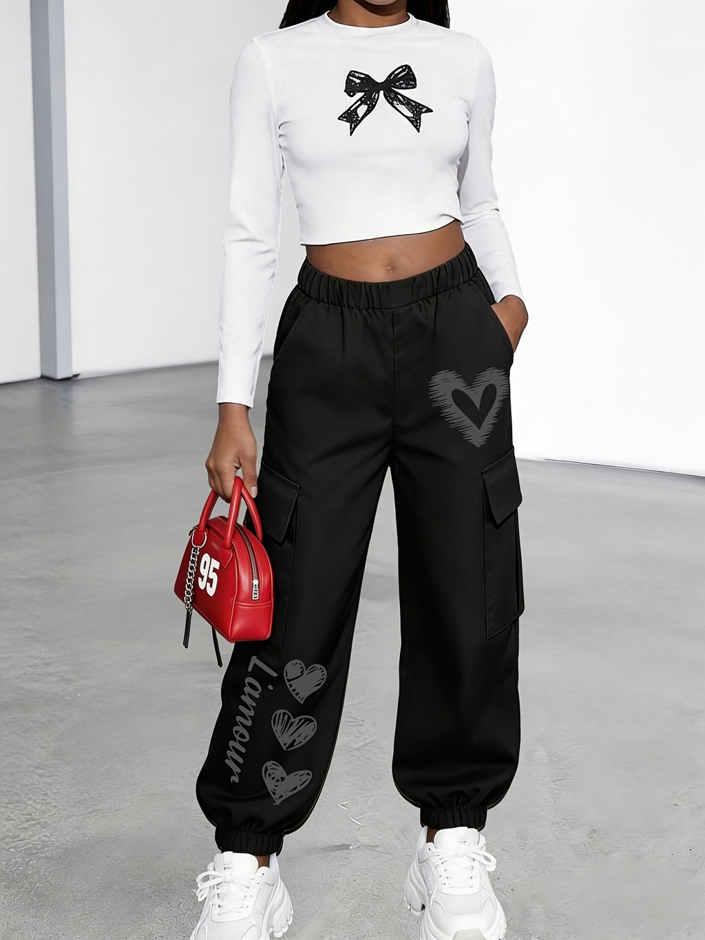 New Arrival - Women's Cargo Pants Sold Individually, Cute and Fun Heart Print Work Pants with Multiple Pockets, Cargo Pants Style, Long Pants for Fashionable Aged 18-25, Machine Washable, Durable Fabric - Suitable for Spring and Summer - Black