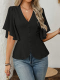 Women's Spring Summer French-Style Elegant Commuter Casual Vacation Solid Color V-Neck Button Decor Puffy Flared Sleeve Waist-Cinching A-Line Shirt - Black