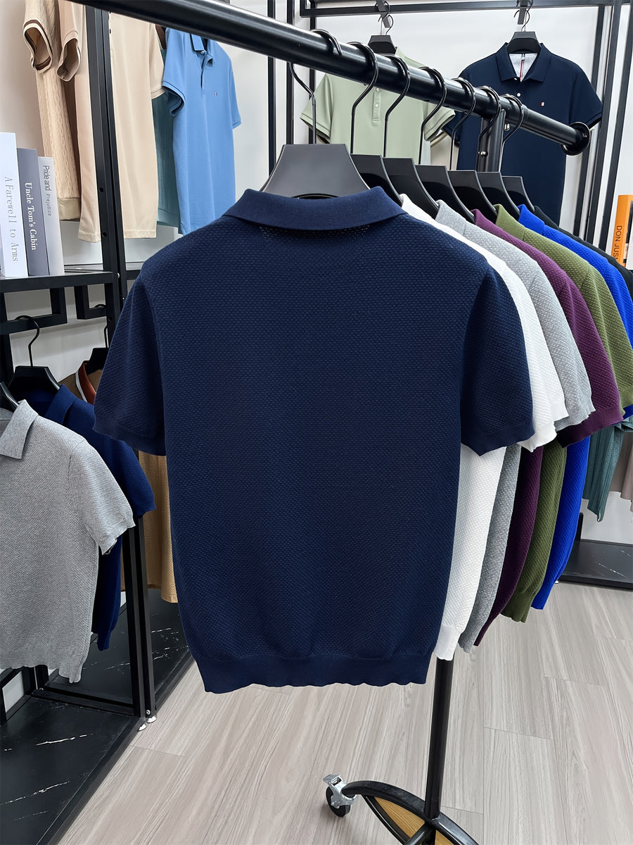 [Qiaoximei OBM] Summer Men'S Premium Casual Henley Shirt | Knit Style Men'S Top, Full Pineapple Jacquard Decoration, Summer Men'S Henley Collar Short Sleeve Base Layer, Lapel Men'S Top, Easy And Fresh for Single Wear - Navy Color