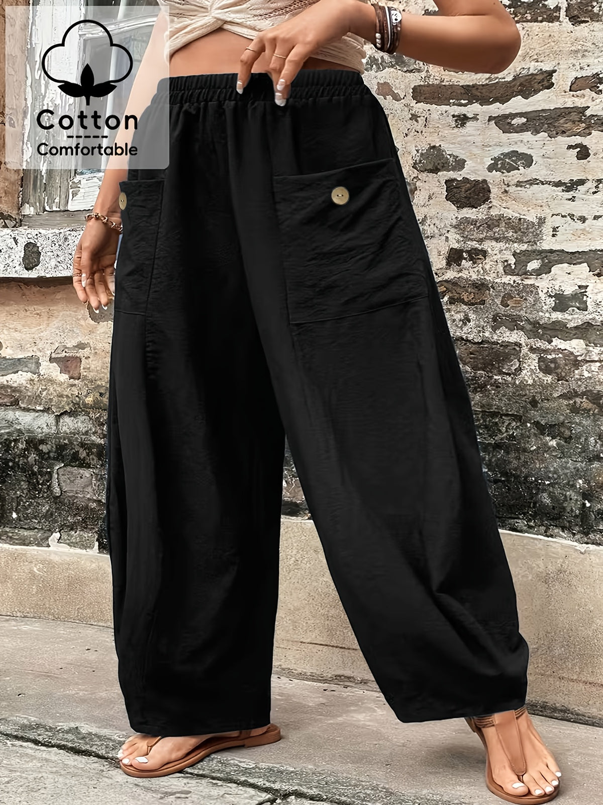 Plus Size Women'S Pants, 100% Elastic Waist Harem Pants with Pockets - Black