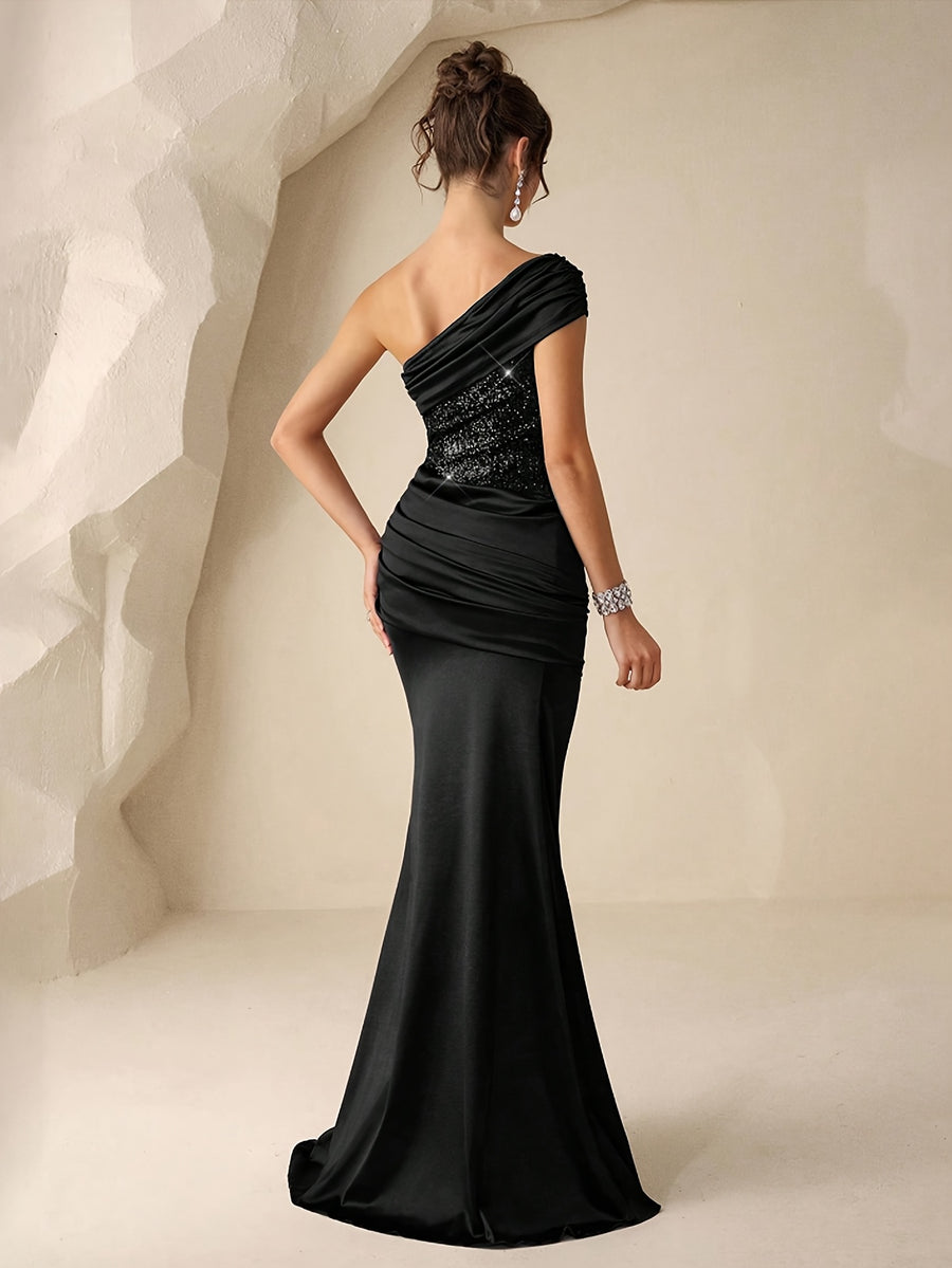 Women's Sequined Mermaid Trendy Style, Formal Evening Dress with One Shoulder, Ladies' Gorgeous and Elegant Celebration Gown, Valentine's Day Sequined Dress, for Graduation Ceremonies, Opening Ceremonies, Music Festivals, Birthday Parties - Black