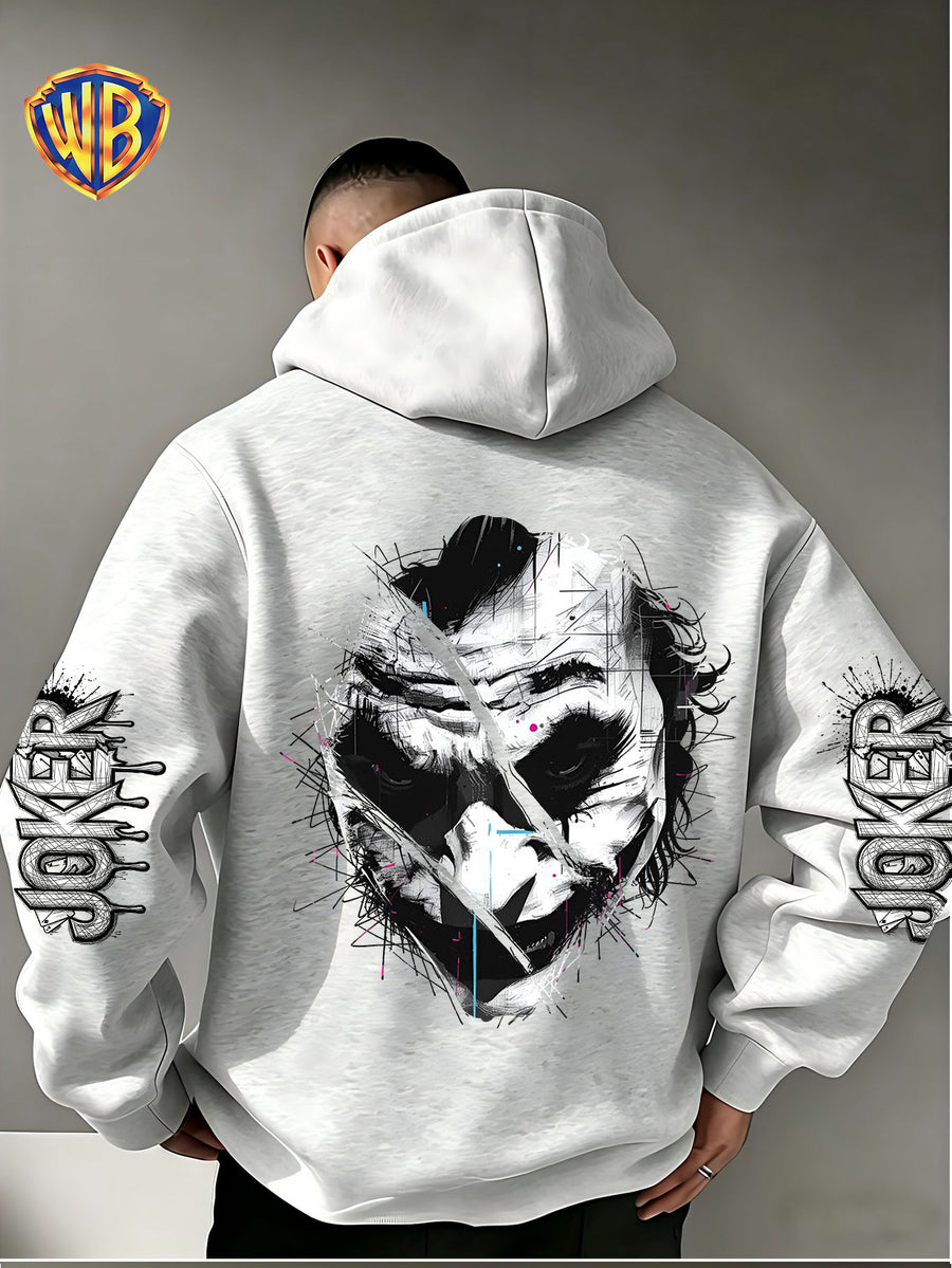 Dark and Edgy Style Hooded Sweatshirt, Featuring a Reimagined Clown Portrait Print with a Graffiti-like Texture That Exudes a Street Vibe. Packed with Streetwear Brand Attributes, It Unleashes a Free-spirited Aura and Is Unisex for Both Men and Women - Light Grey