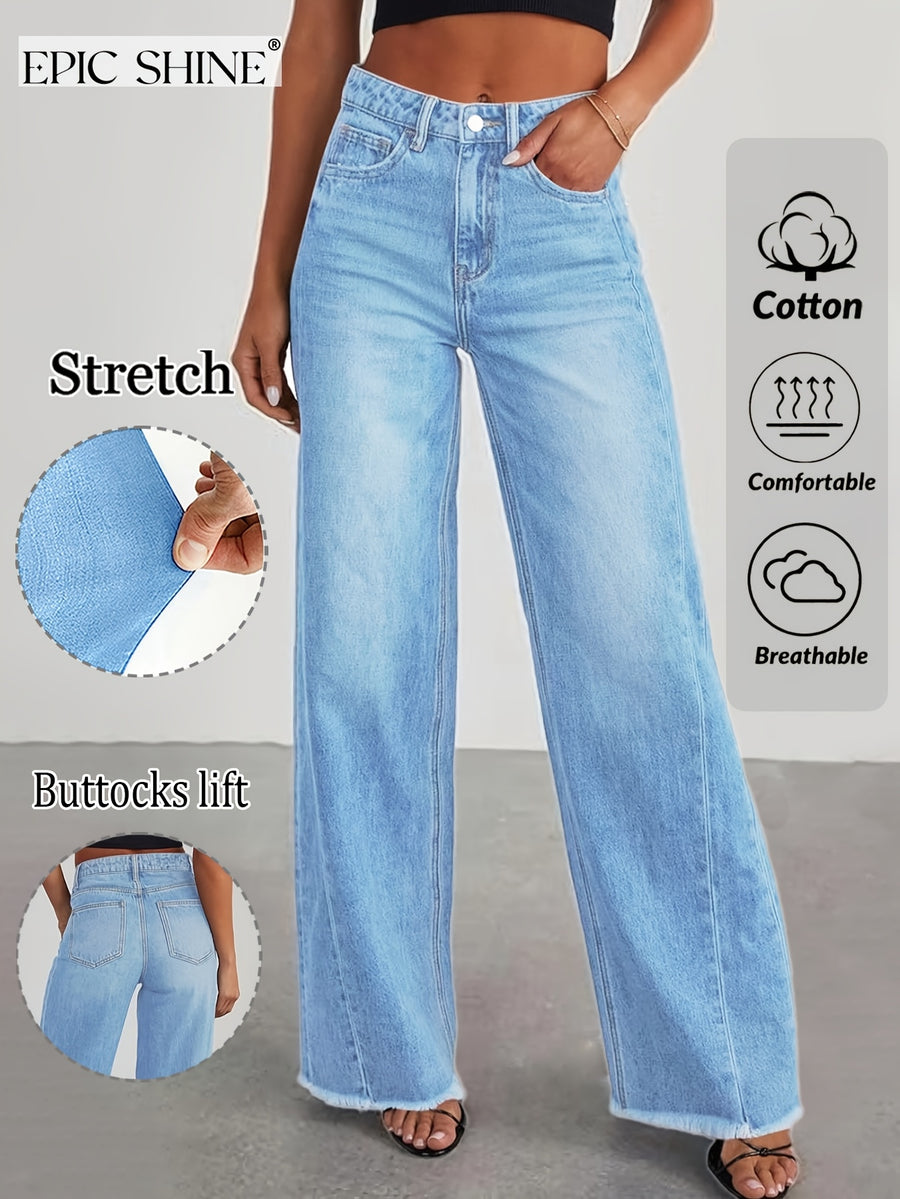 Women's Trendy High-waisted Loose Wide-leg Jeans, Stretchy Wide-leg Pants, Raw Hem Design, with Pockets, High-waisted Straight-leg Jeans, Versatile for Commuting, Women's Denim and Clothing - Light Blue