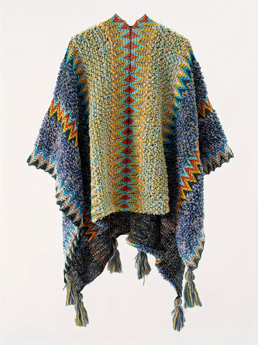 Tassel Striped Hollow-Out Airplane Blanket Cape Unisex Travel Coat - Sea Blue
