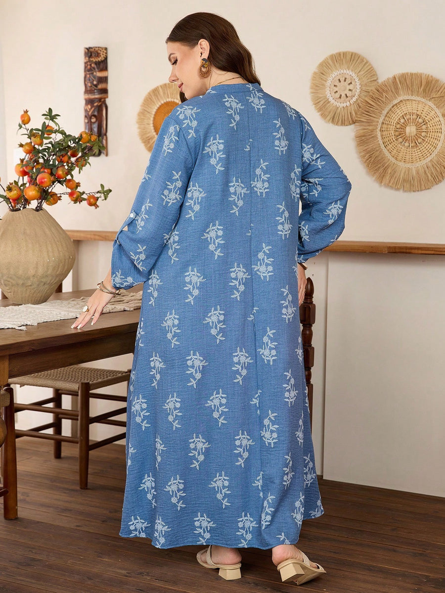 Plus Size - Women'S Autumn Winter Floral Print Long Dress, Small Stand Collar Half-Button Sleeve Ruffled Loose Maxi Skirt - Blue