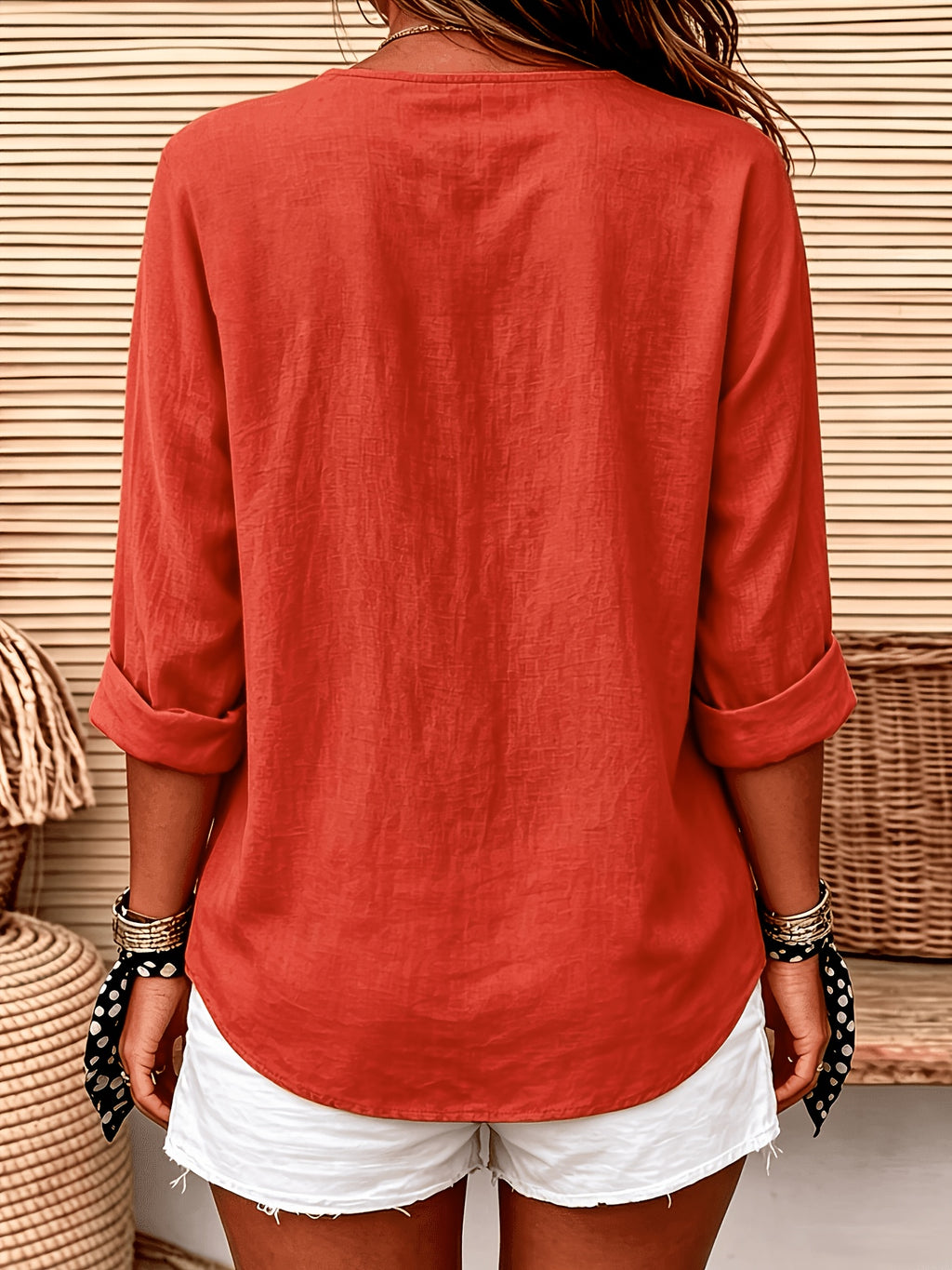 Women'S Solid Color V-Neck Long-Sleeved Shirt, Loose And Single-Breasted Casual Daily Vacation Top - Red