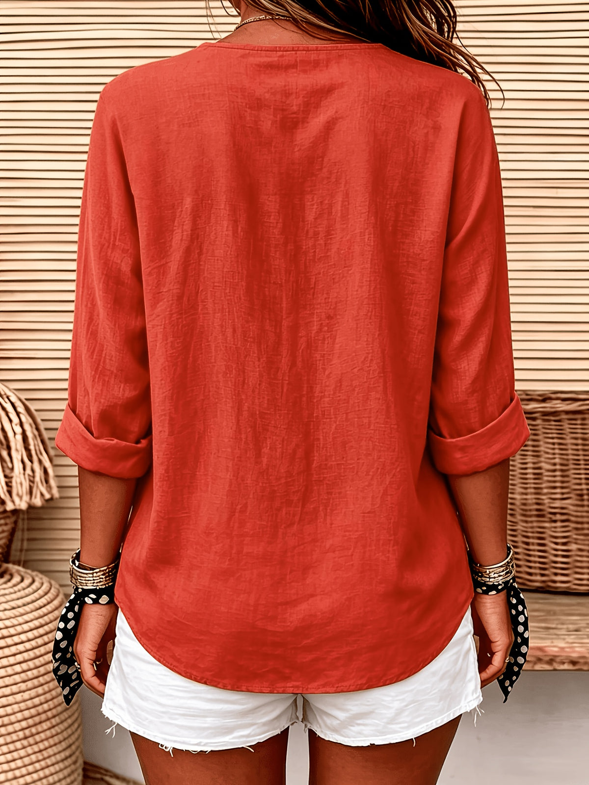 Women'S Solid Color V-Neck Long-Sleeved Shirt, Loose And Single-Breasted Casual Daily Vacation Top - Red