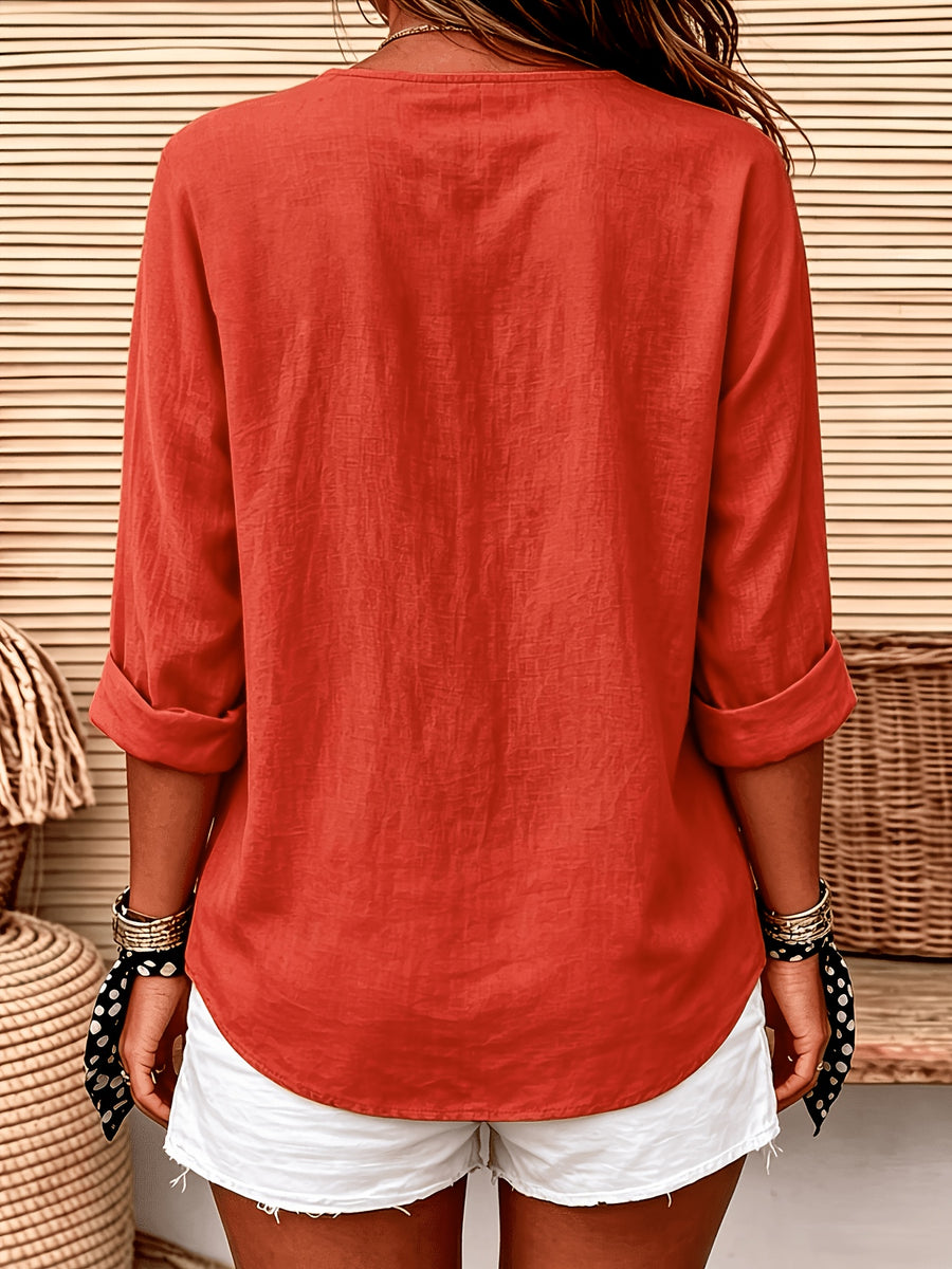 Women'S Solid Color V-Neck Long-Sleeved Shirt, Loose And Single-Breasted Casual Daily Vacation Top - Red