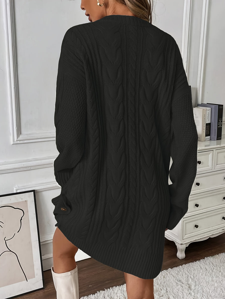 White Loose Twist Dress, Round Neck Long Sleeve, Side Button Slit Design, Comfortable and Warm, Fashionable Casual Style, Mid-Length for Elegant Appearance - Black