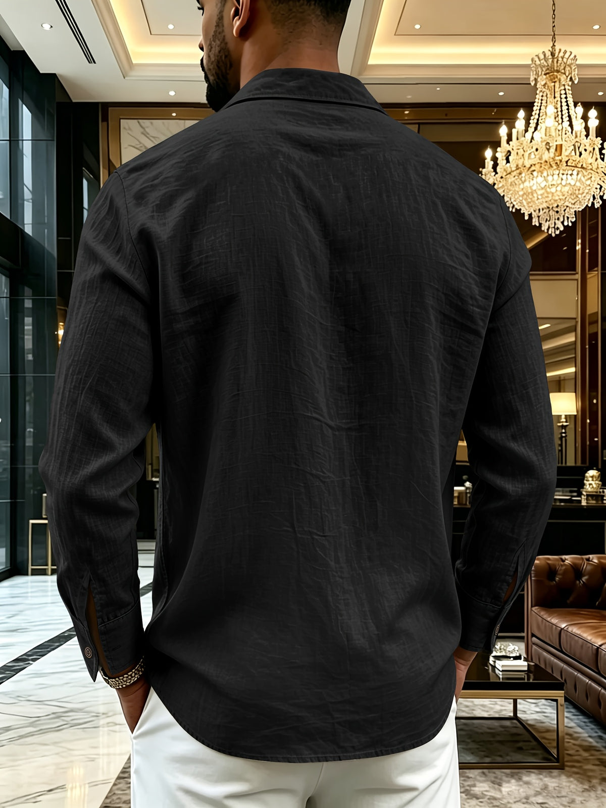 Men's Henley Shirt in Linen with Long Sleeves, Featuring Comfortable and Breathable Fabric with Trendy Printed Designs. Suitable for Daily Outings, Outdoor Sports, Travel, and Vacations. Lightweight and Breathable with a Regular Fit, Chest Pocket - Black