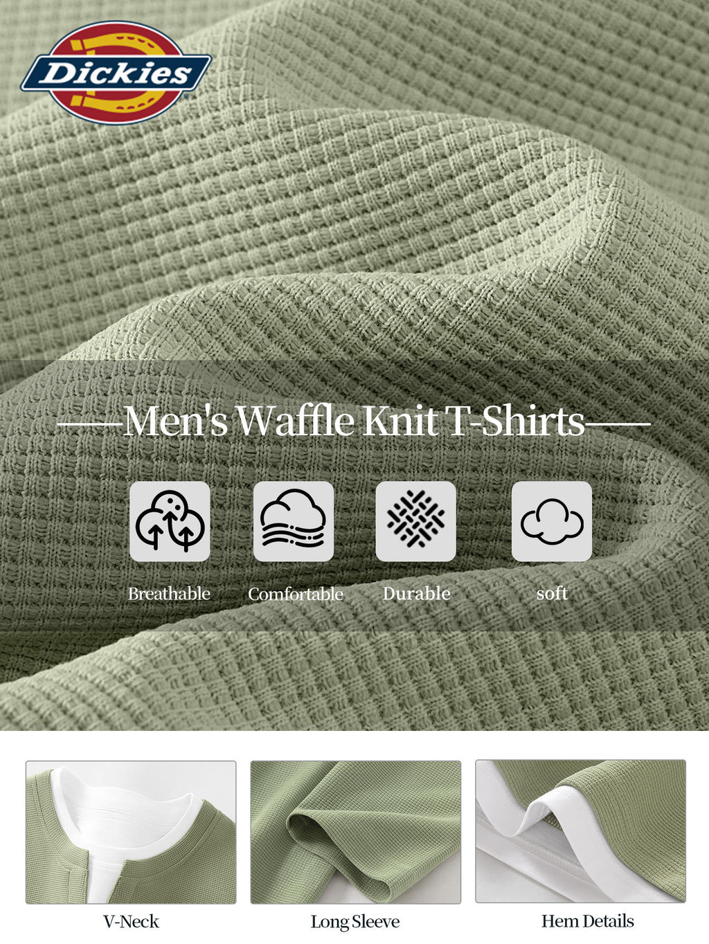 Dickies 2026 New Faux Two-Piece Structured Long Sleeve T-Shirt Waffle Fabric Men'S All-Season Trendy American Retro Cut Design Statement Tee Men'S Waffle Faux Two-Piece V-Neck Long T - Palm Green