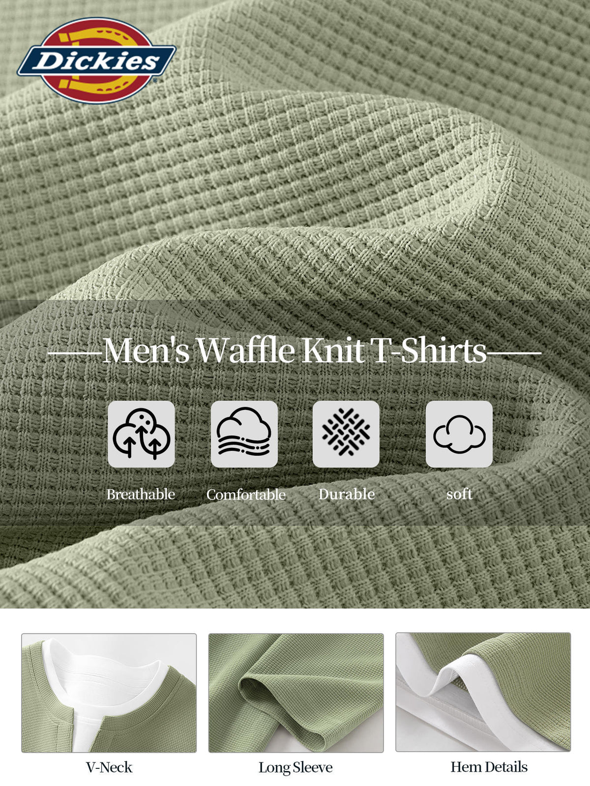 Dickies 2026 New Faux Two-Piece Structured Long Sleeve T-Shirt Waffle Fabric Men'S All-Season Trendy American Retro Cut Design Statement Tee Men'S Waffle Faux Two-Piece V-Neck Long T - Palm Green