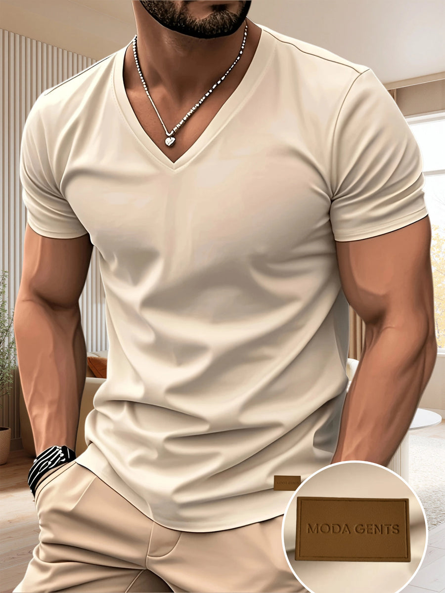 180g 100% Men's V-Neck T-Shirt, Solid Color Short Sleeve Top, Casual Base Layer, "MODA GENTS" Brand, Men's All-Season Daily Wear, Father's Day Gift, Back-to-School Season, Dates & Dinner Parties, Designed Clothing - Apricot