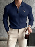Autumn Men's Ribbed Long-Sleeve Polo Shirt with Print, Half-Zip Lapel, Slim Fit, Breathable T-Shirt - Navy Color