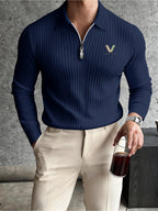 Autumn Men's Ribbed Long-Sleeve Polo Shirt with Print, Half-Zip Lapel, Slim Fit, Breathable T-Shirt - Navy Color