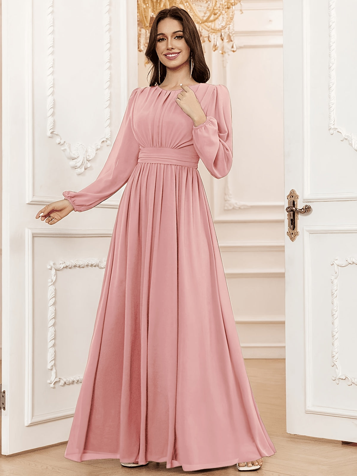 P373 French-Style Elegant, Dynamic, and Flowing A-Line Dress with Waist Cinching and Flared Hem, Suitable for Dates, Dinners, and Weddings, for Women and Bridesmaids - Pink