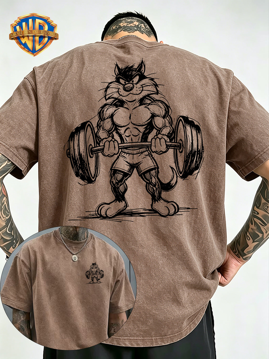 Warner Bros Official Hand-Drawn Line Art Big Silly Cat Print Washed Distressed T-Shirt, Men's 100% Pure Cotton Fabric, Casual and Comfortable Style, Loose Fit Breathable Short Sleeve Men's Casual Top, Distressed Washed Loose Fit - Khaki